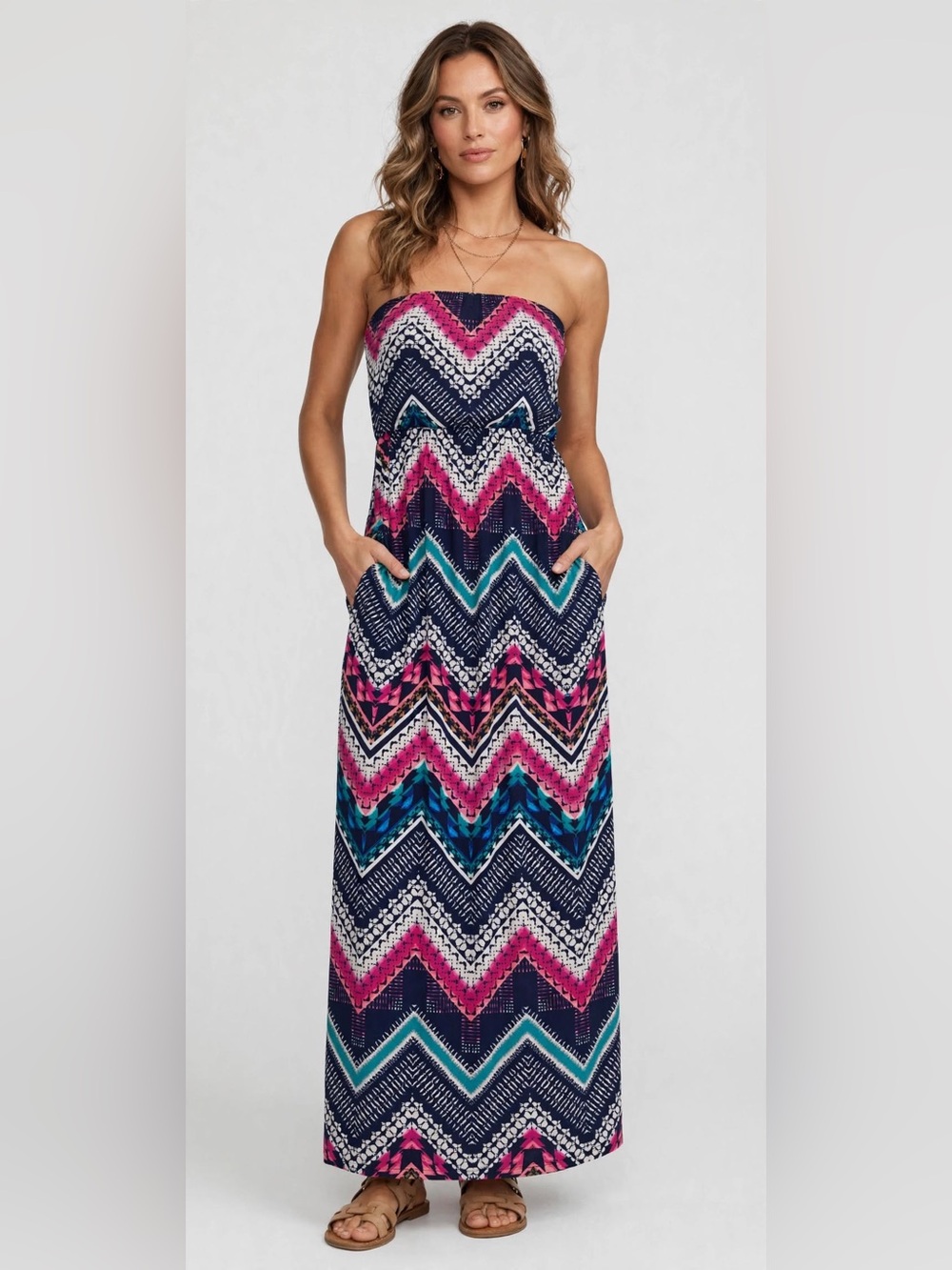 Three Pink Hearts Strapless Chevron Maxi Dress Pockets Medium Boho